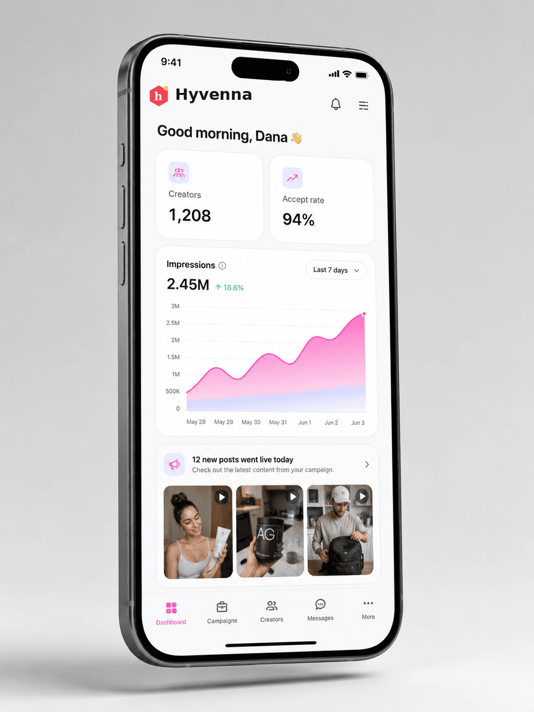 Hyvenna app for creators showing campaigns and earnings